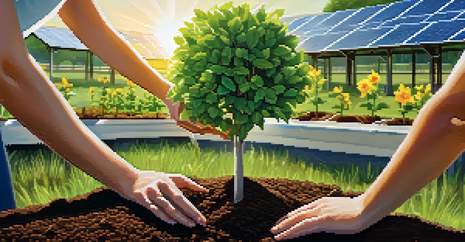 Close-up of hands planting a tree in a community garden next to solar panels, symbolizing sustainability and teamwork.