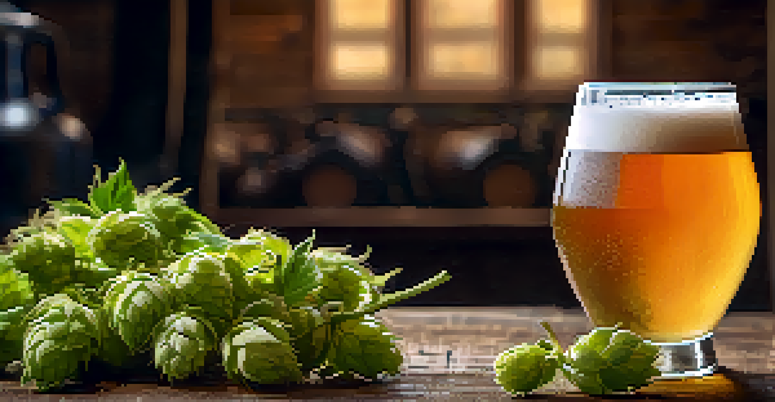 A close-up of a frothy IPA in a glass, surrounded by hops and grains on a wooden table in a brewery setting.