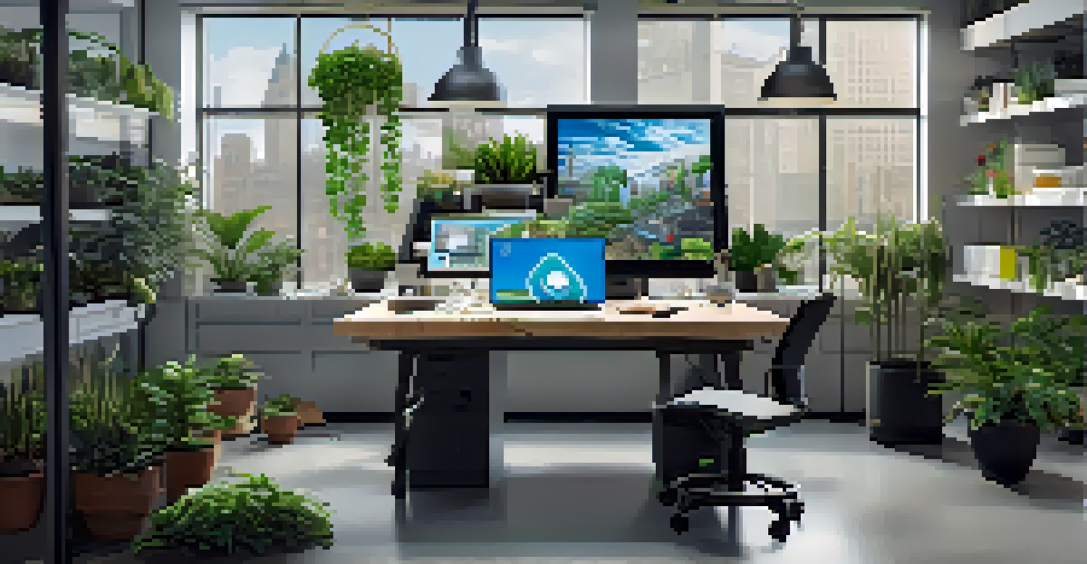 A modern graphic designer working at a sleek desk with digital tools and screens, emphasizing sustainability and innovation in design.
