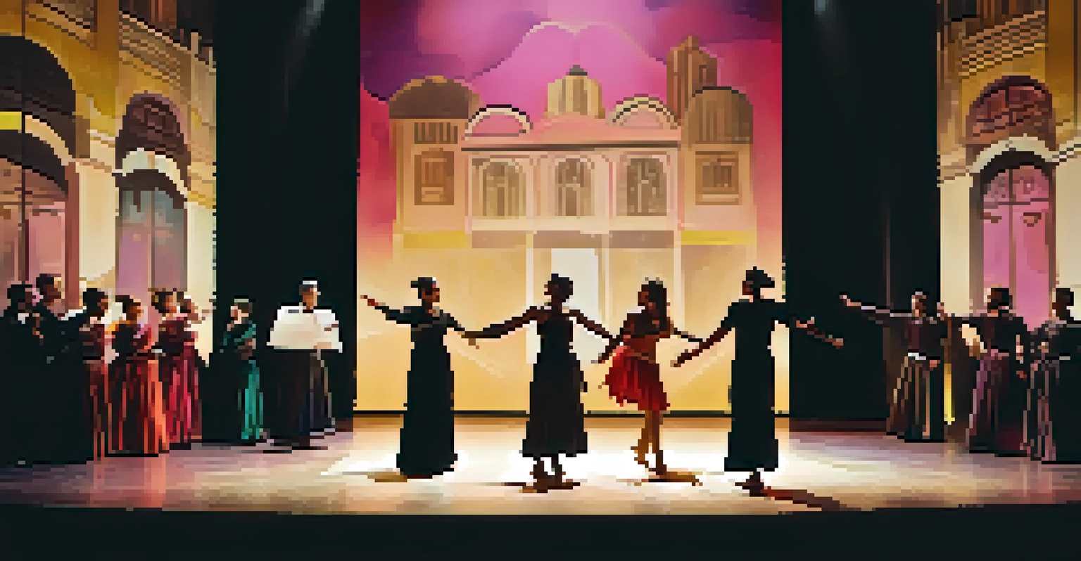 A dynamic theater production scene showing actors performing against a backdrop of vivid projections, with an engaged audience in the foreground.