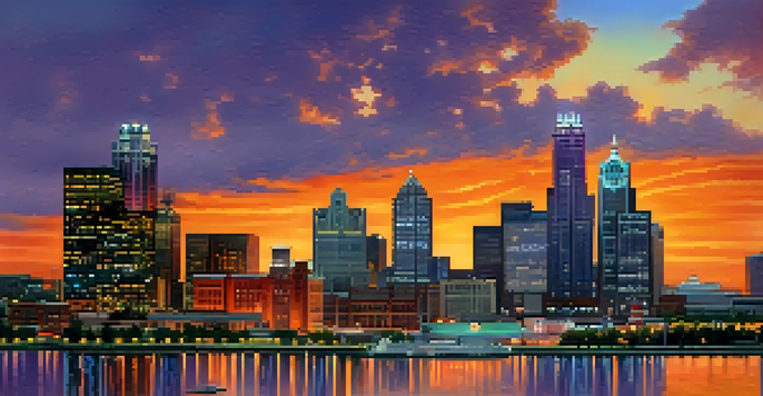 A beautiful sunset over Detroit's skyline, with vibrant colors and people enjoying the waterfront, symbolizing economic revival.