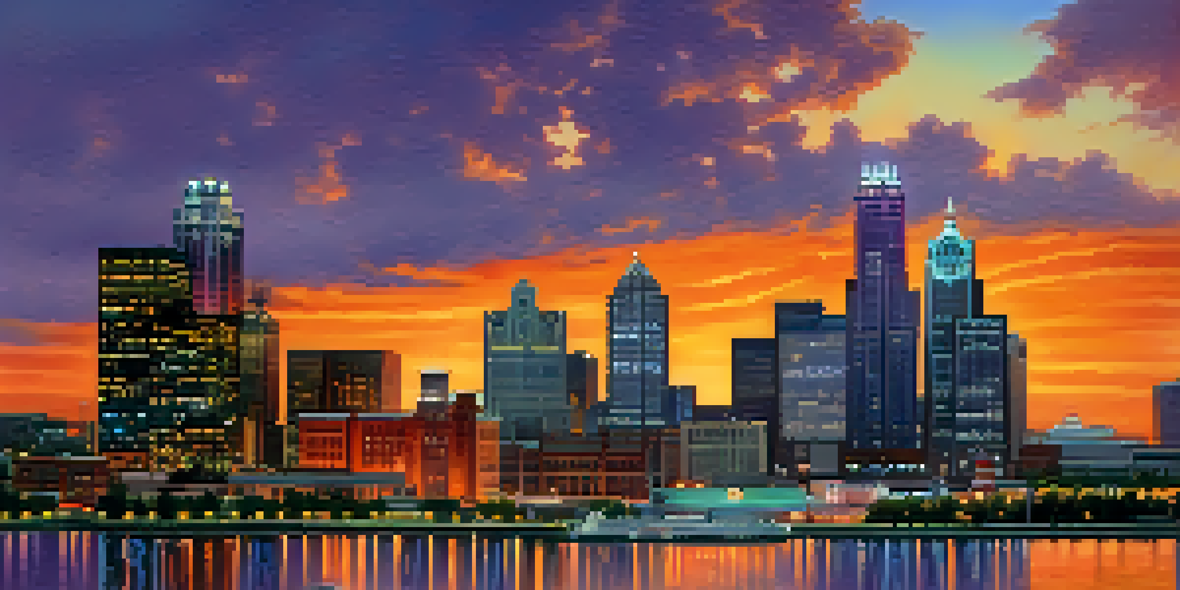 A beautiful sunset over Detroit's skyline, with vibrant colors and people enjoying the waterfront, symbolizing economic revival.