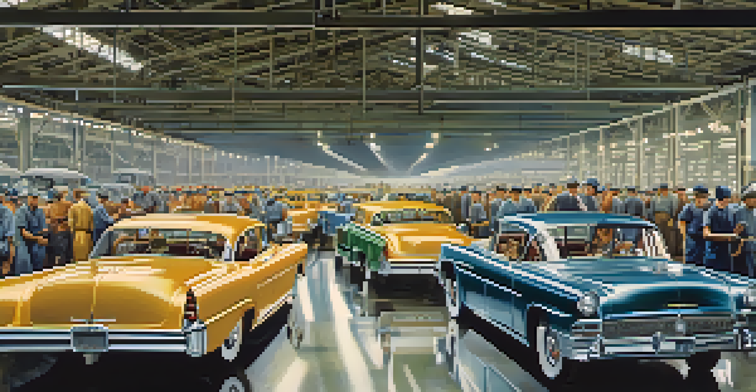 A panoramic view of a bustling assembly line in mid-20th-century Detroit with workers assembling automobiles.