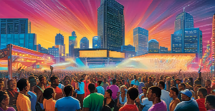 A lively Detroit techno festival with diverse crowds dancing under colorful lights and a skyline in the background.
