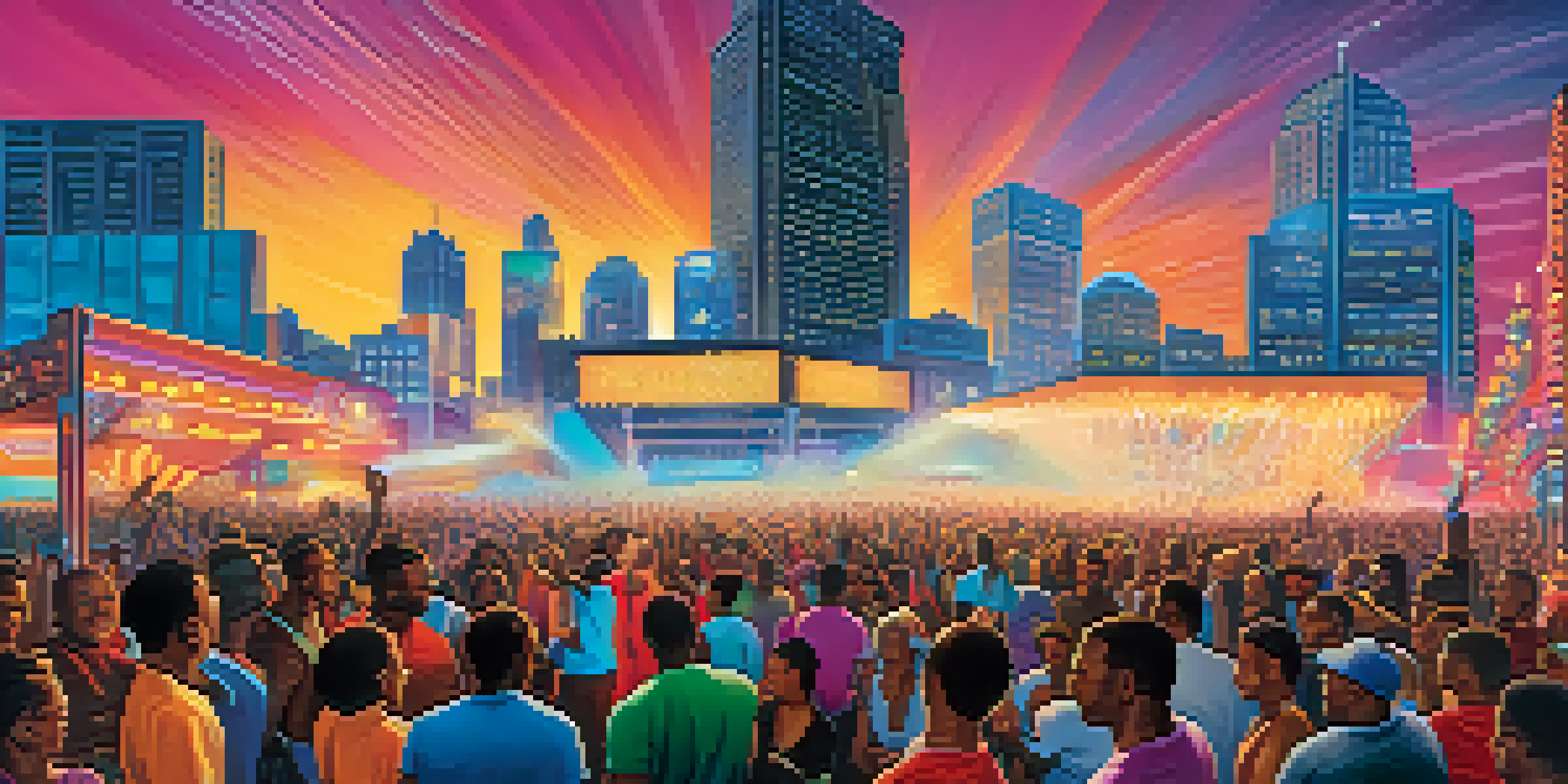 A lively Detroit techno festival with diverse crowds dancing under colorful lights and a skyline in the background.