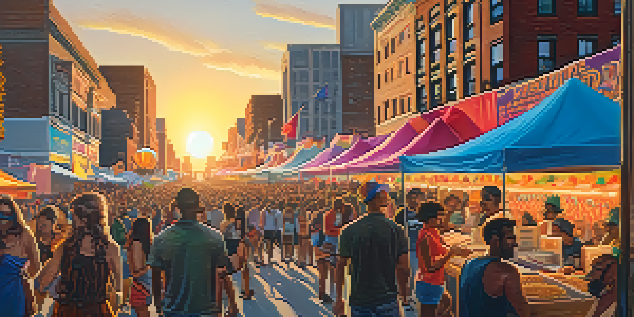 A lively street scene with a diverse crowd enjoying a music festival in Detroit, with colorful banners and food stalls under a warm sunset.