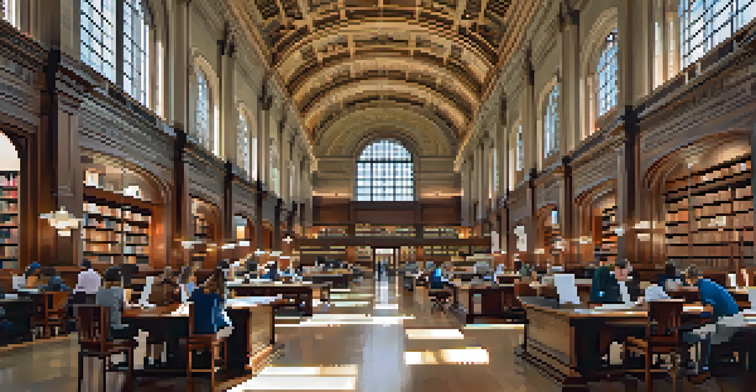 A detailed interior view of the Detroit Public Library, showcasing its elegant Beaux-Arts design and vibrant reading atmosphere.