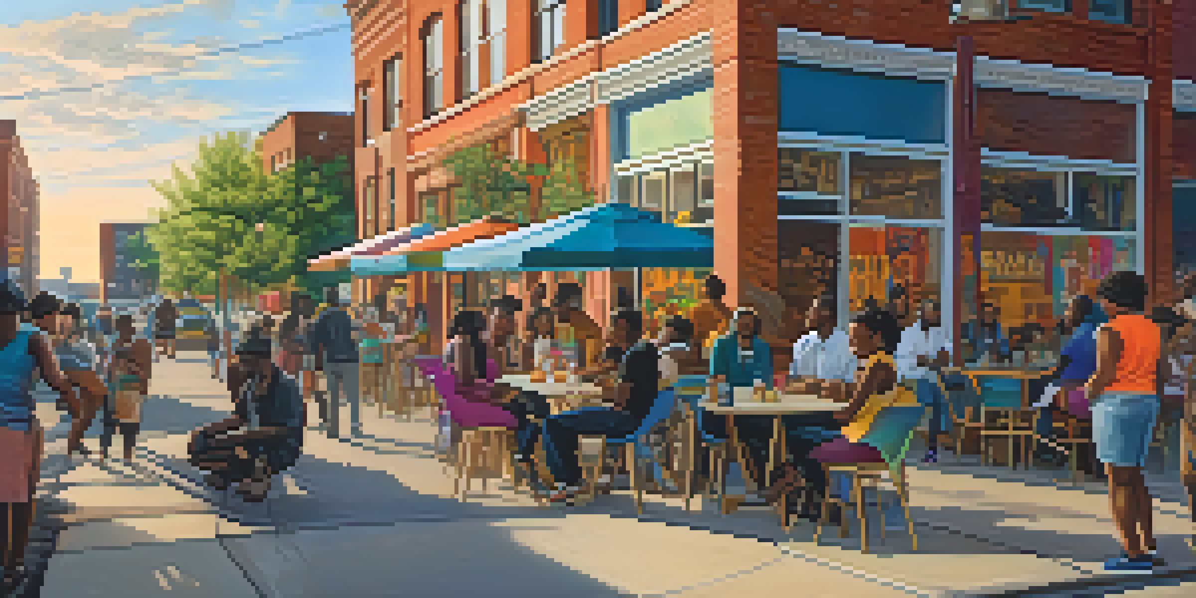 A street scene in Detroit with young entrepreneurs outside a café, engaged in discussion, surrounded by colorful murals and greenery.
