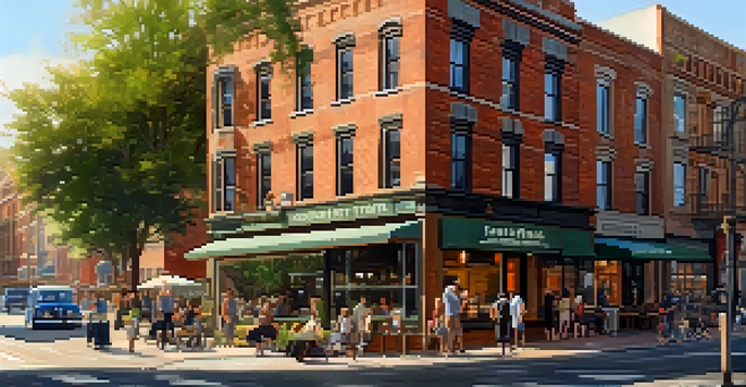 An urban street scene showing old and new buildings with diverse residents interacting, a coffee shop in the foreground and modern construction in the background, under warm sunlight.