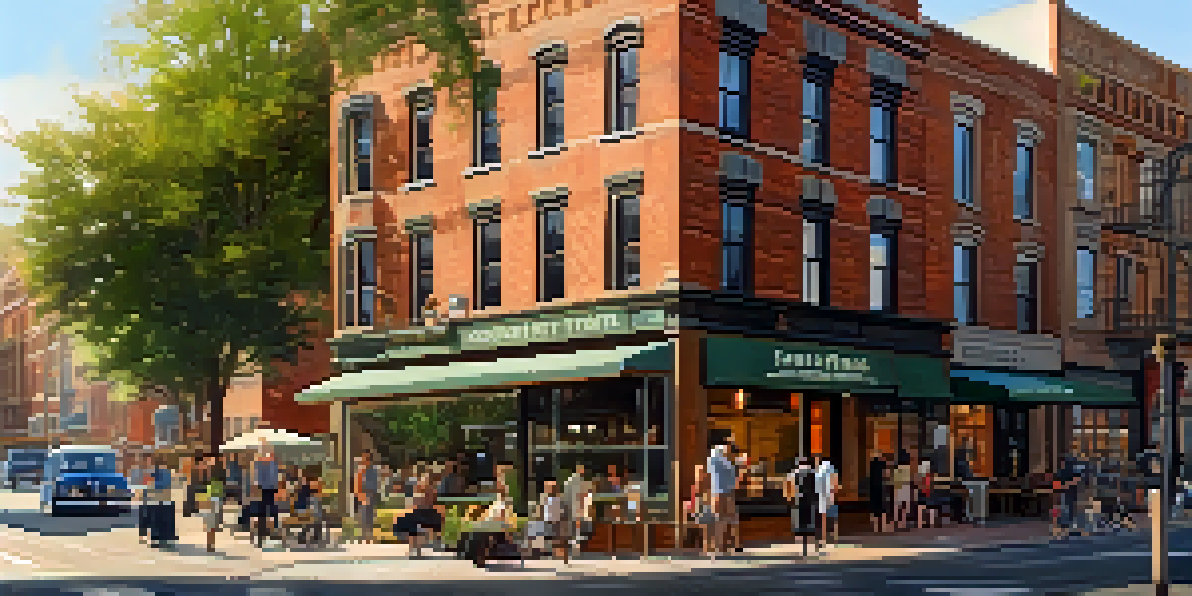 An urban street scene showing old and new buildings with diverse residents interacting, a coffee shop in the foreground and modern construction in the background, under warm sunlight.