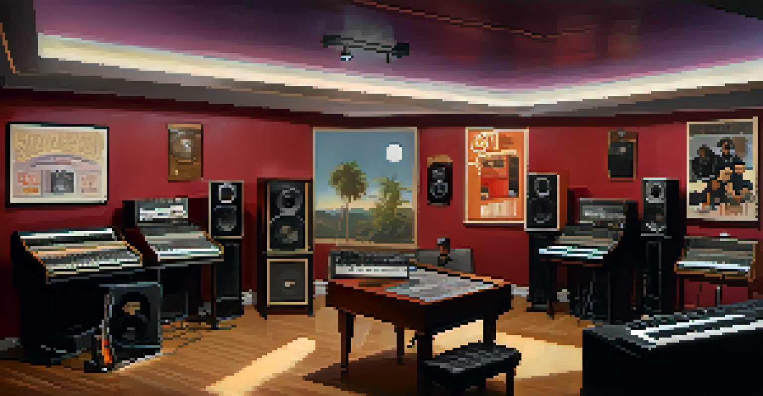 A recording studio with hip-hop artists collaborating, featuring vintage equipment and soft lighting.