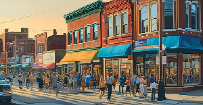A lively street scene in Corktown, Detroit, featuring colorful shops and outdoor dining as the sun sets.