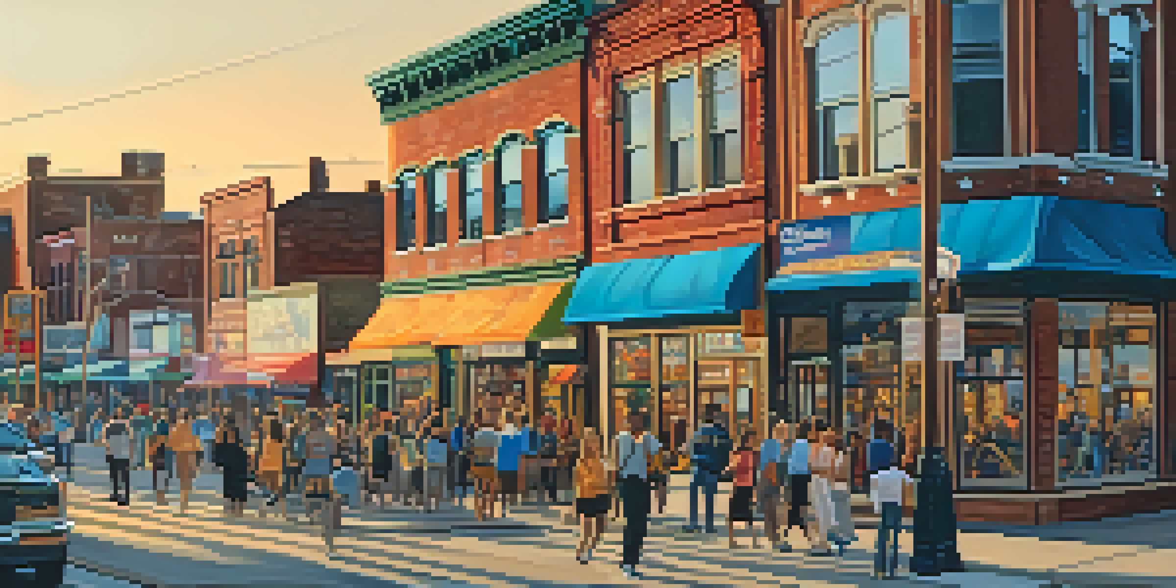 A lively street scene in Corktown, Detroit, featuring colorful shops and outdoor dining as the sun sets.