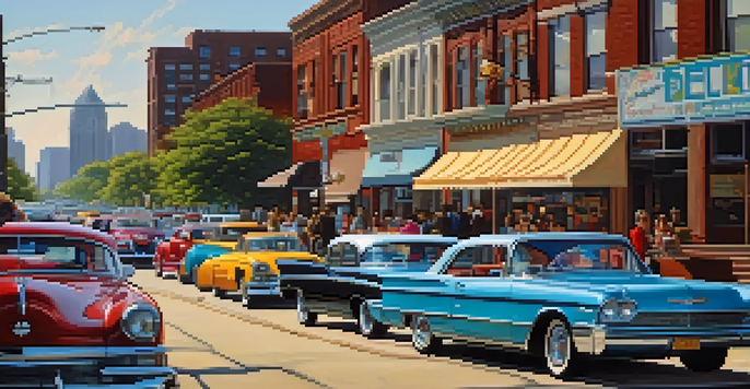 A colorful street scene in Detroit with classic cars and the skyline in the background, people enjoying the day.