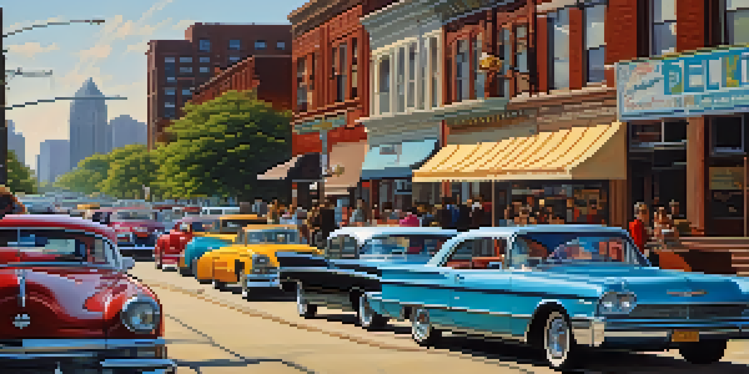 A colorful street scene in Detroit with classic cars and the skyline in the background, people enjoying the day.