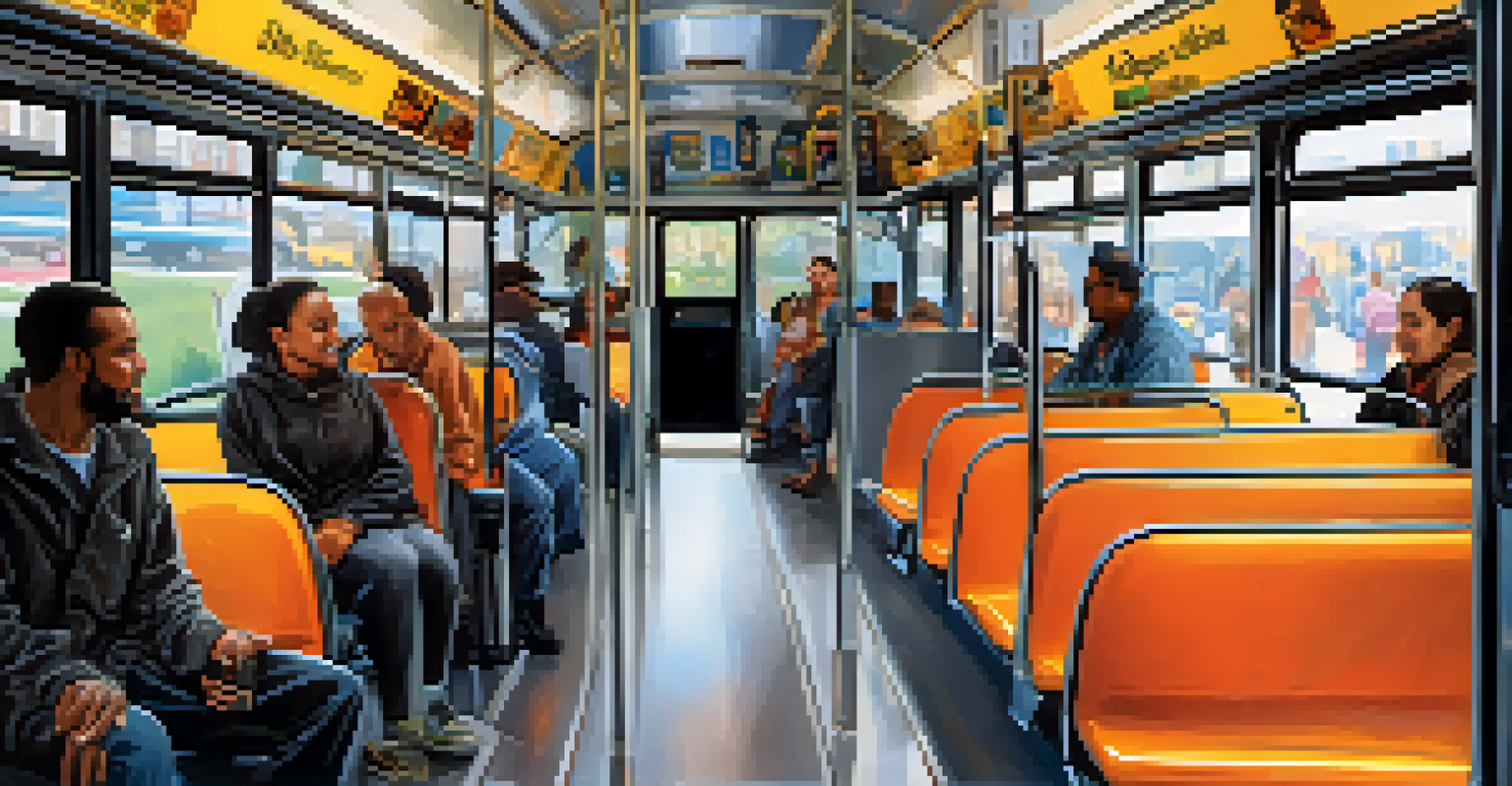 The interior of a Detroit bus displaying accessible seating for people with disabilities, with bright lighting and colorful ads, and passengers interacting with each other.