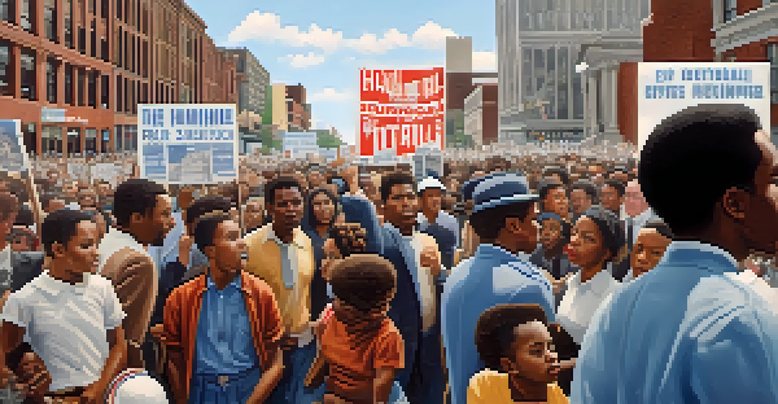 A black and white photograph of a civil rights march in Detroit during the 1960s, showing a diverse group of activists.
