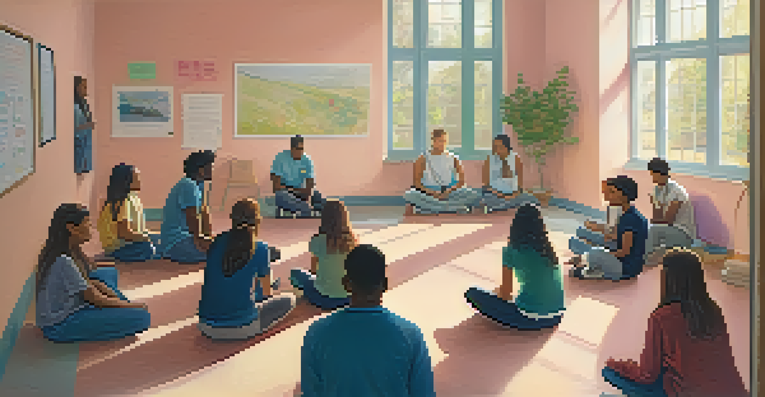 A group of teenagers in a supportive circle during a mental health workshop, listening to a counselor in a warmly lit classroom.