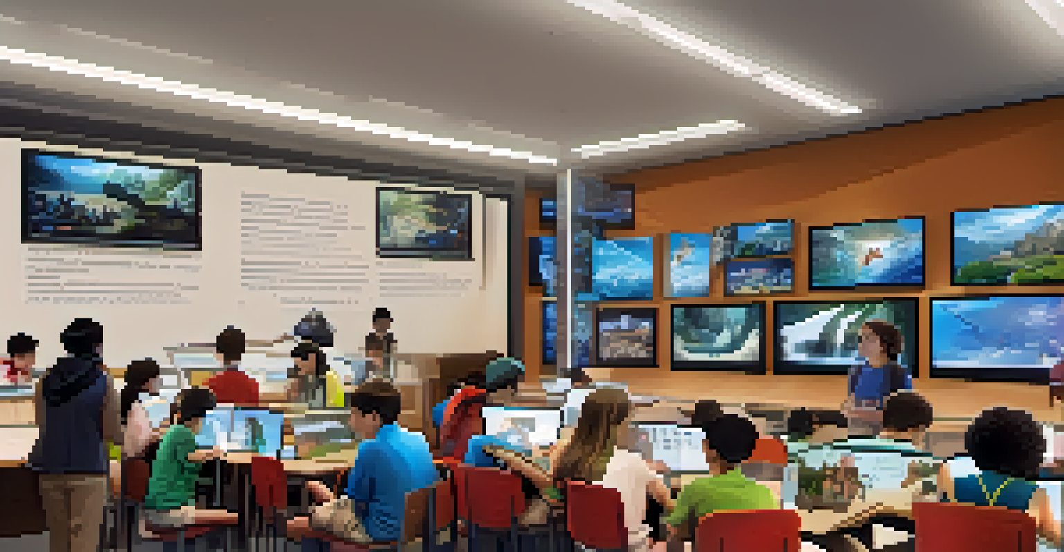 Students in a tech-driven classroom using tablets and virtual reality headsets, engaged in collaborative learning with digital displays on the walls.