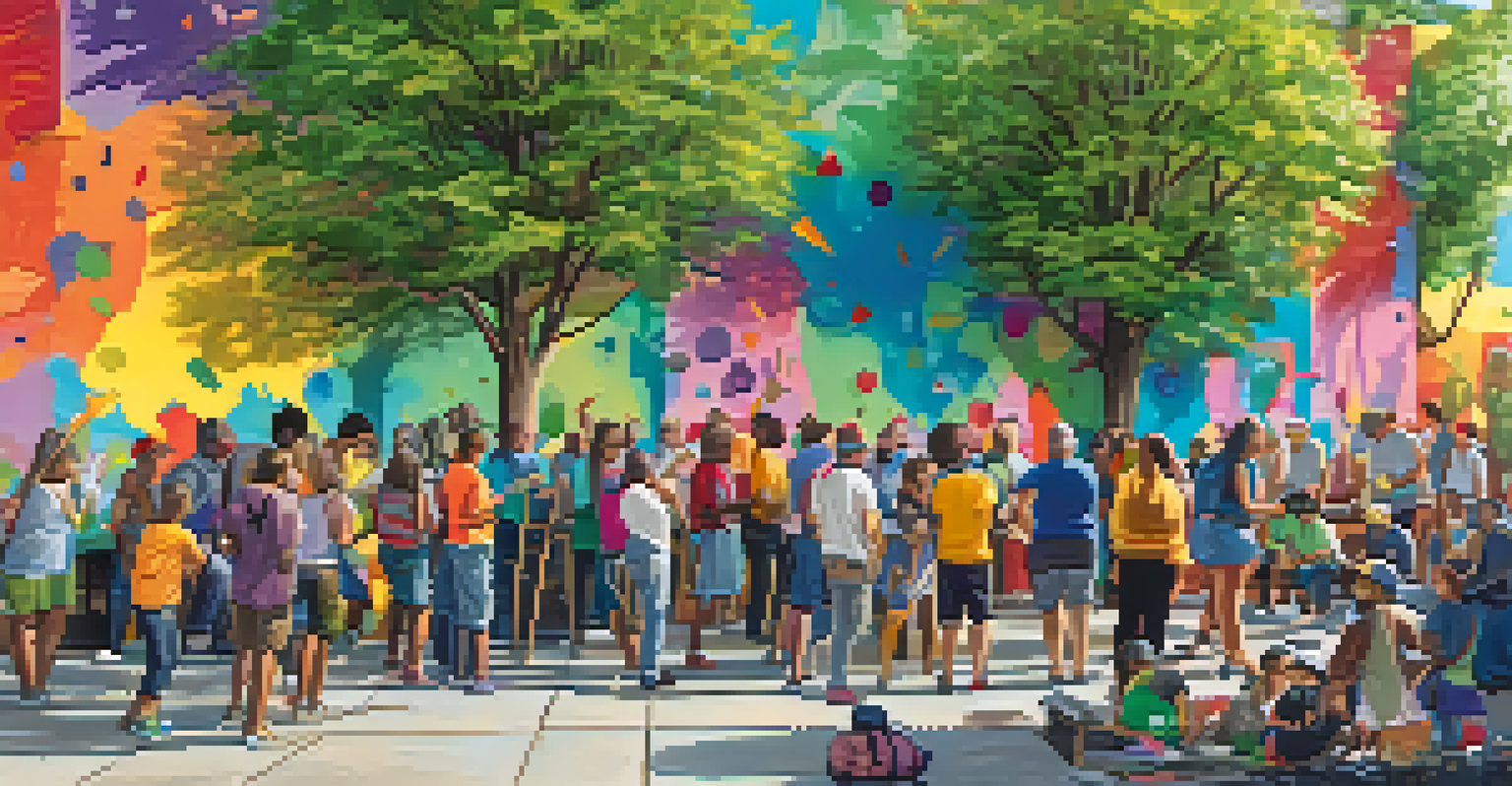 Community members of different backgrounds collaborating on a colorful mural in a park setting, emphasizing teamwork and creativity.