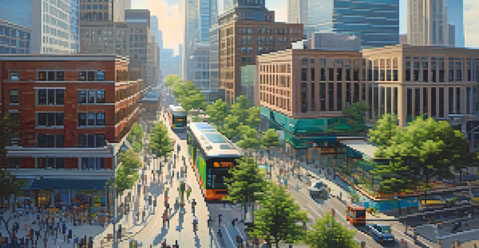 A vibrant urban scene in Detroit highlighting smart city features such as electric buses, digital kiosks, and green-roofed buildings under bright sunlight.