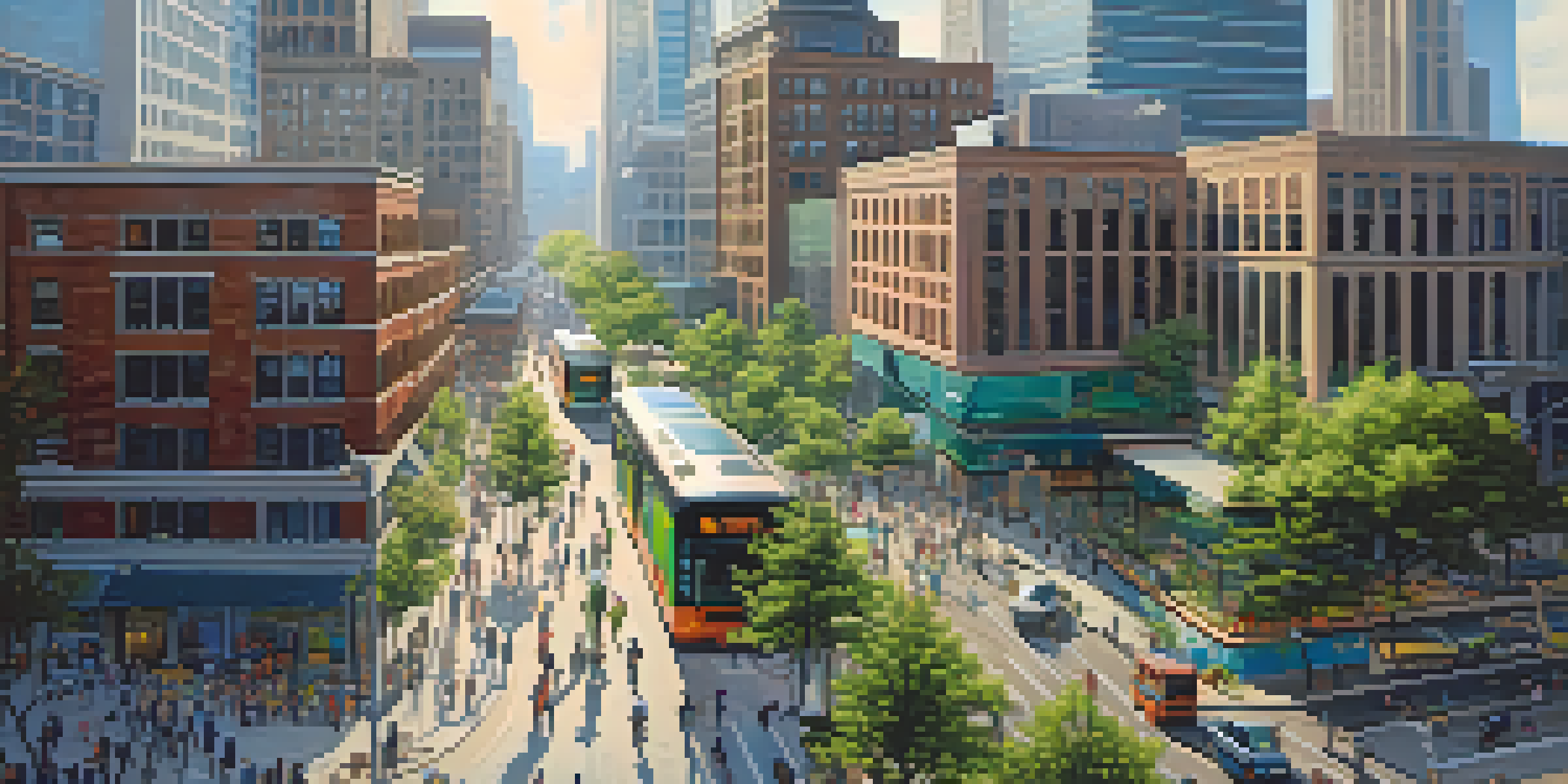 A vibrant urban scene in Detroit highlighting smart city features such as electric buses, digital kiosks, and green-roofed buildings under bright sunlight.