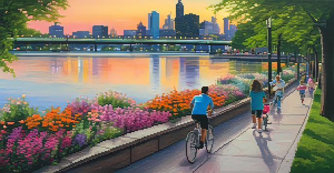 A sunset view of the Detroit Riverwalk with families enjoying the area, surrounded by greenery and a glowing city skyline.