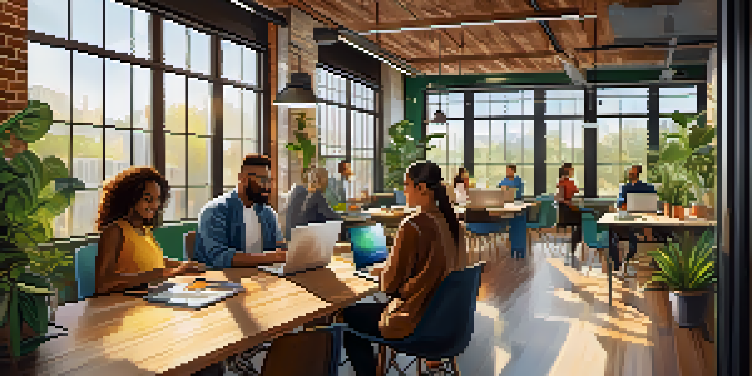 A lively co-working space where diverse entrepreneurs are working together, with greenery and modern decor around them.
