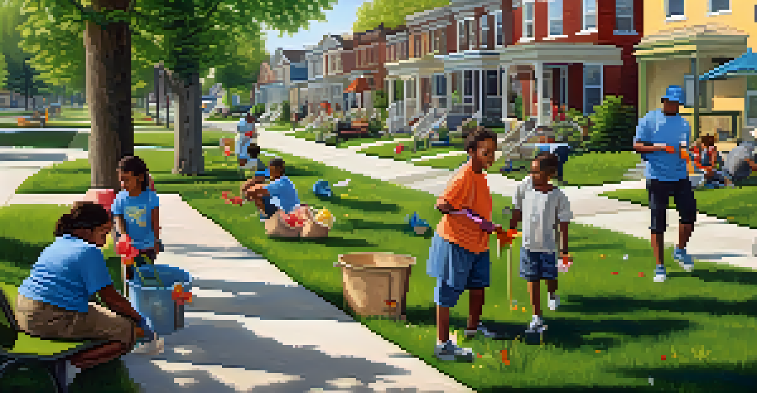 Residents of different ages participating in a neighborhood clean-up, picking up litter and planting flowers in a sunny park setting.
