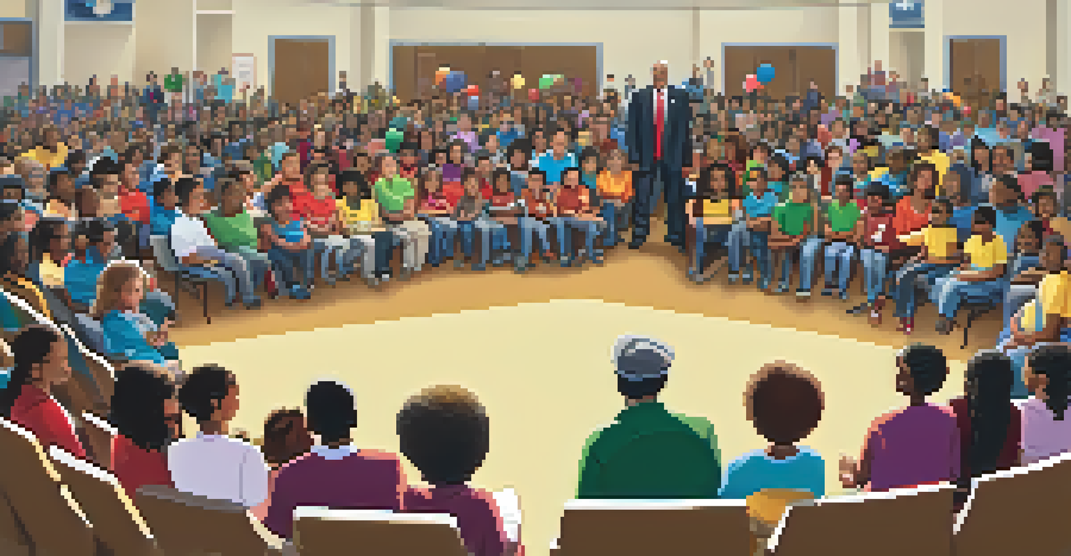 A diverse group of parents, students, and educators in a school auditorium engaged in a community meeting about educational reform.