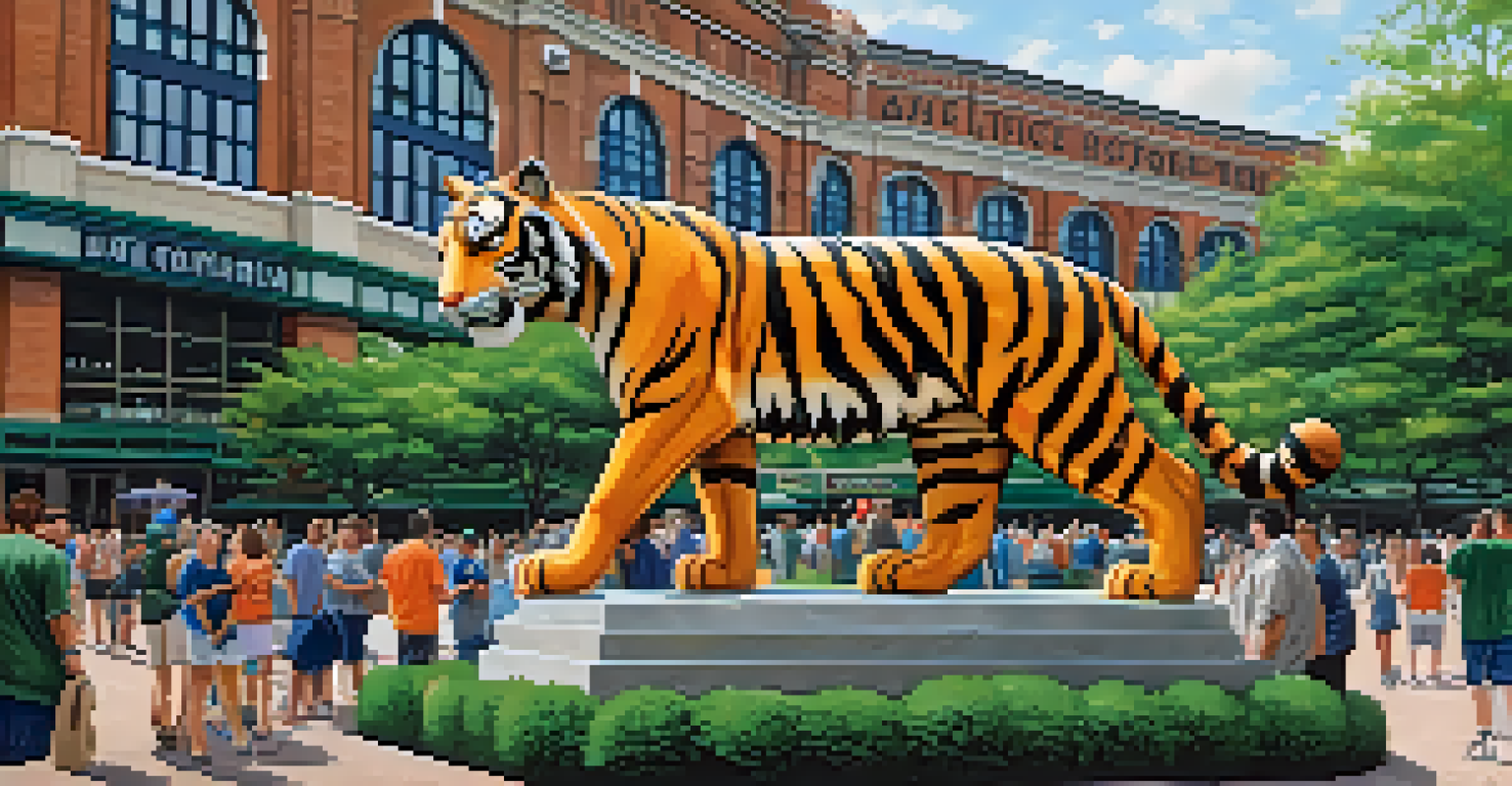 A close-up view of the giant tiger statue at Comerica Park with fans taking photos.