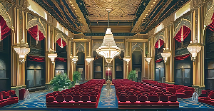 Interior view of the Fox Theatre, featuring a beautiful chandelier and rich red velvet seats in an ornate lobby.