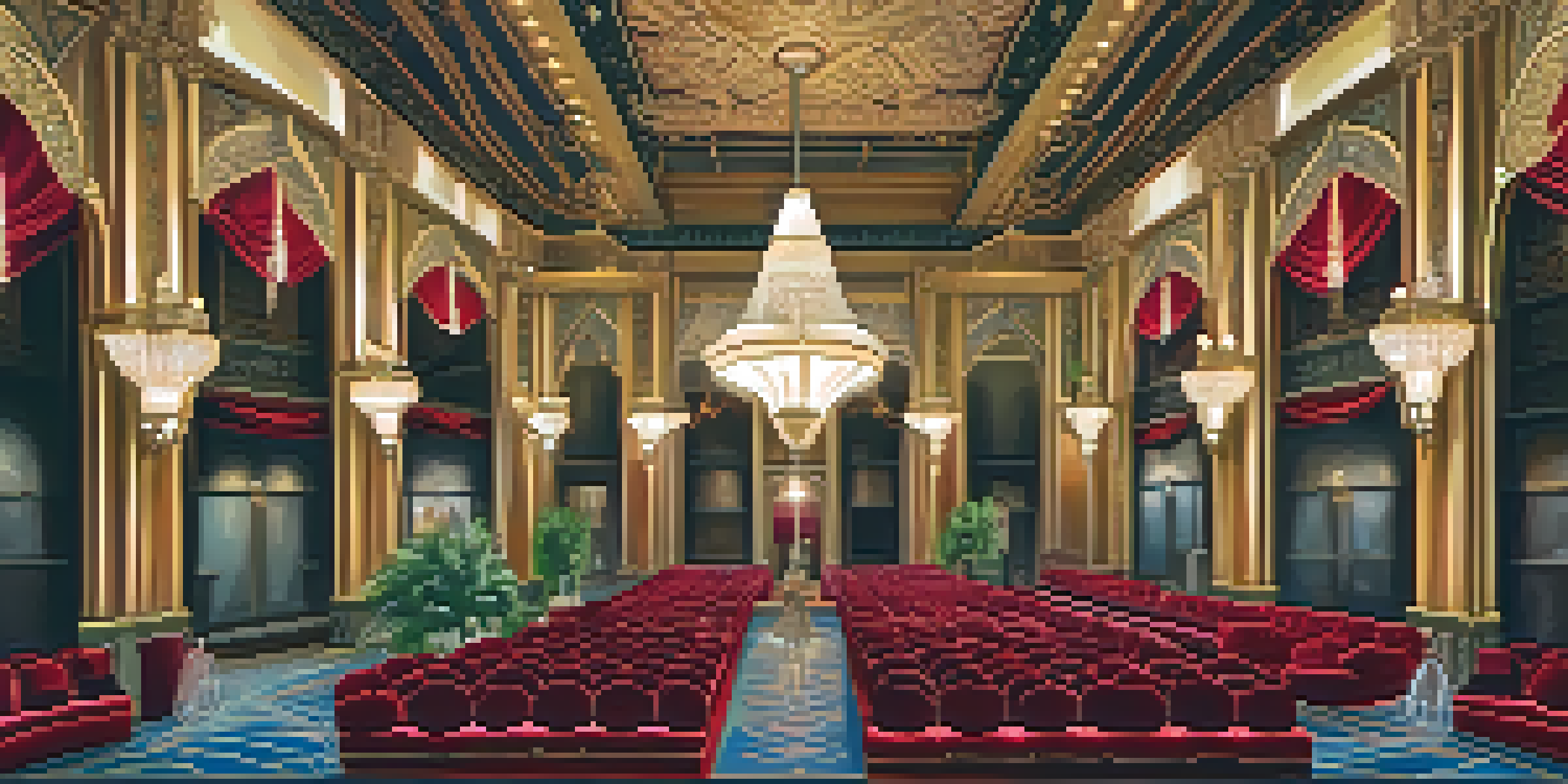 Interior view of the Fox Theatre, featuring a beautiful chandelier and rich red velvet seats in an ornate lobby.