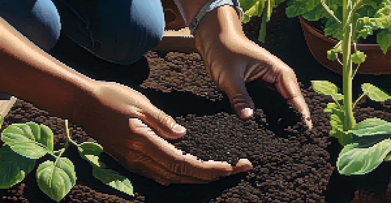 Close-up of hands planting seeds in dark soil, surrounded by greenery and garden tools, with sunlight filtering through leaves.