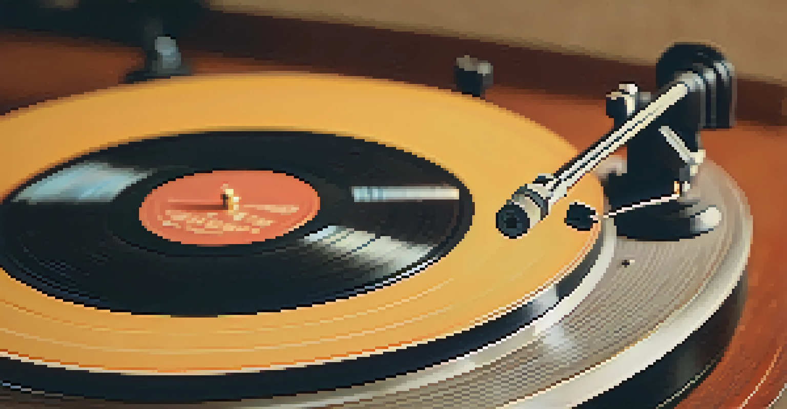 A close-up view of a vintage vinyl record on a turntable, bathed in warm light, with a cozy retro living room in the background.