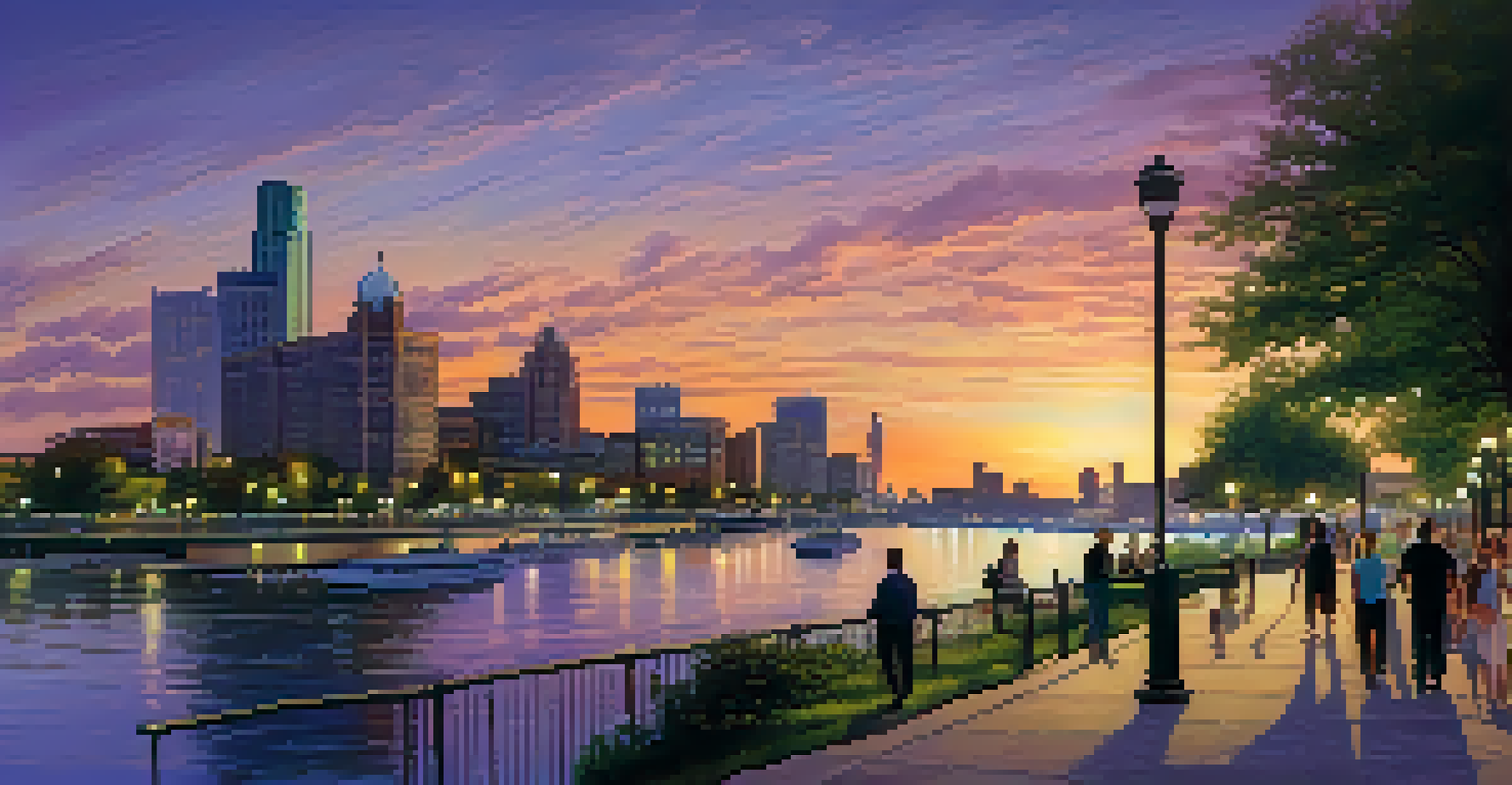 A scenic sunset view of the Detroit Riverfront, featuring families on the Riverwalk with reflections on the water and the city skyline.