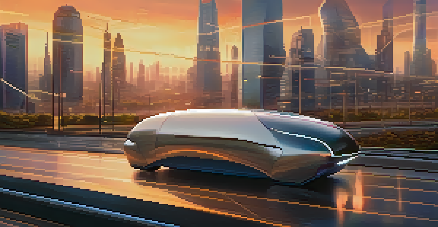 A futuristic autonomous vehicle driving through a city at sunset, showcasing smart technology and sensors.