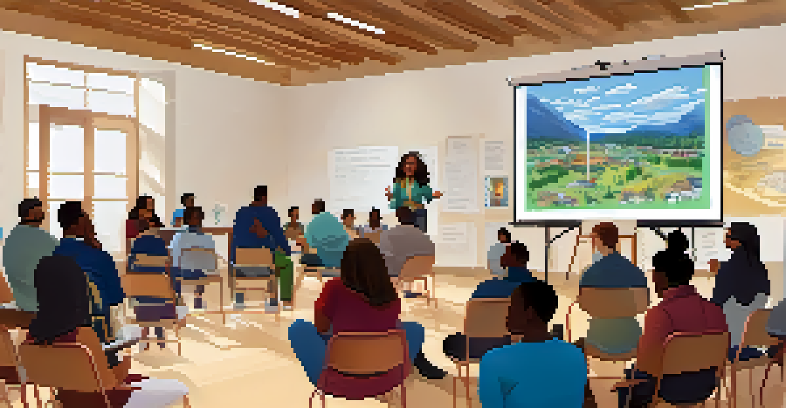 A facilitator leading a health advocacy workshop, with participants engaged and taking notes in a well-lit community center.