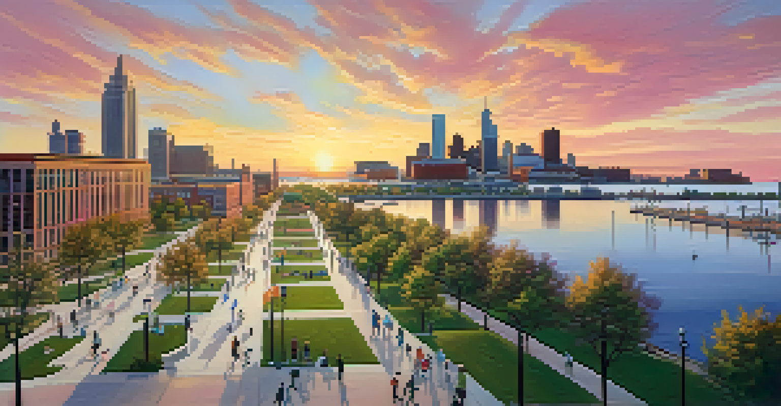 An aerial view of Detroit's waterfront, showing public spaces, parks, and people enjoying the sunset.