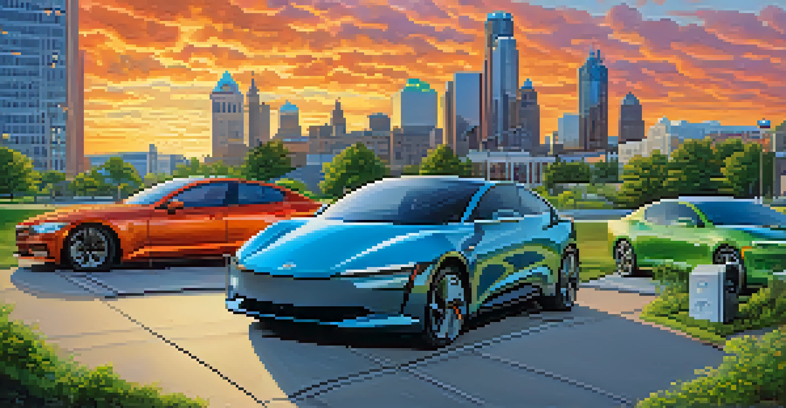 The modern Detroit skyline at sunset, with a mix of historical and contemporary buildings, an electric vehicle charging station, and vibrant public art.