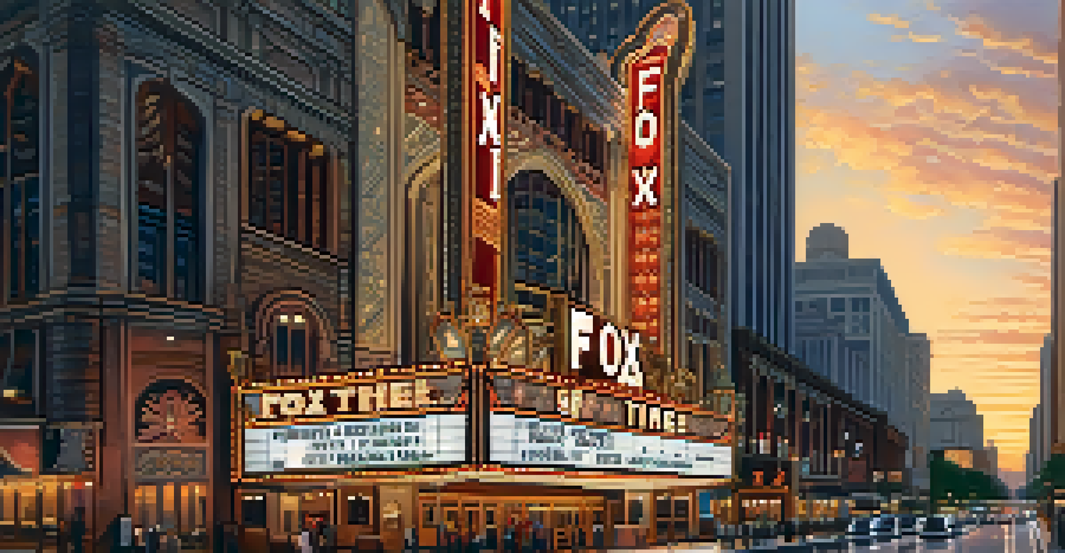 The exterior of the Fox Theatre illuminated at dusk, highlighting its grand architecture and inviting atmosphere.