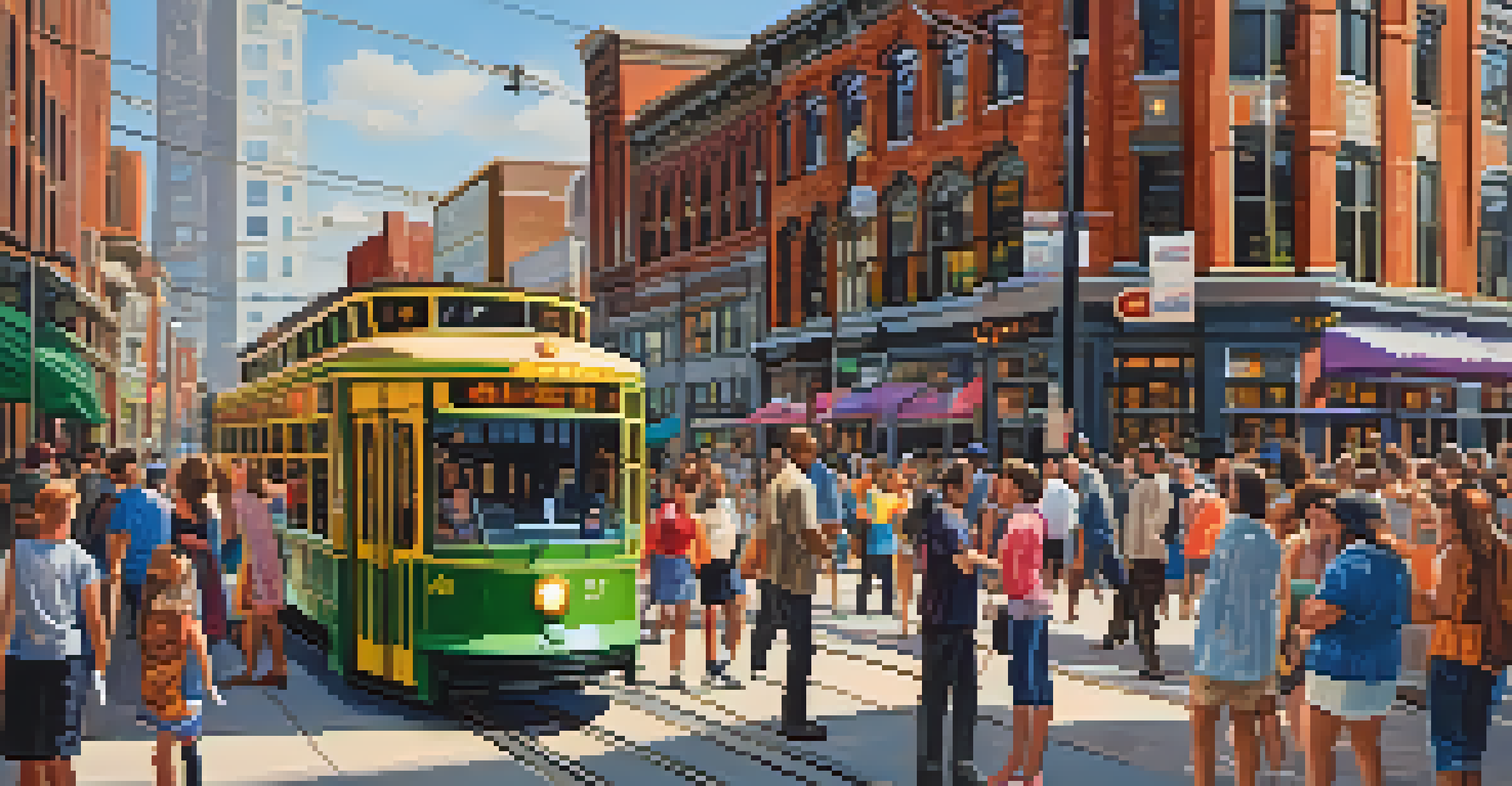 The QLINE streetcar in Detroit, surrounded by colorful shops and happy passengers, illustrating urban life.