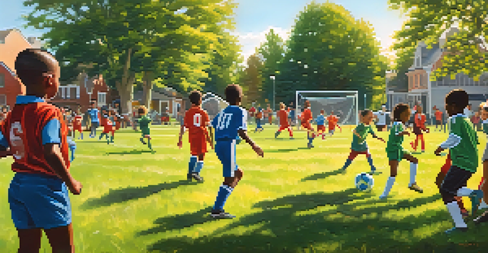A youth soccer game in a park with children playing energetically, families cheering from the sidelines.