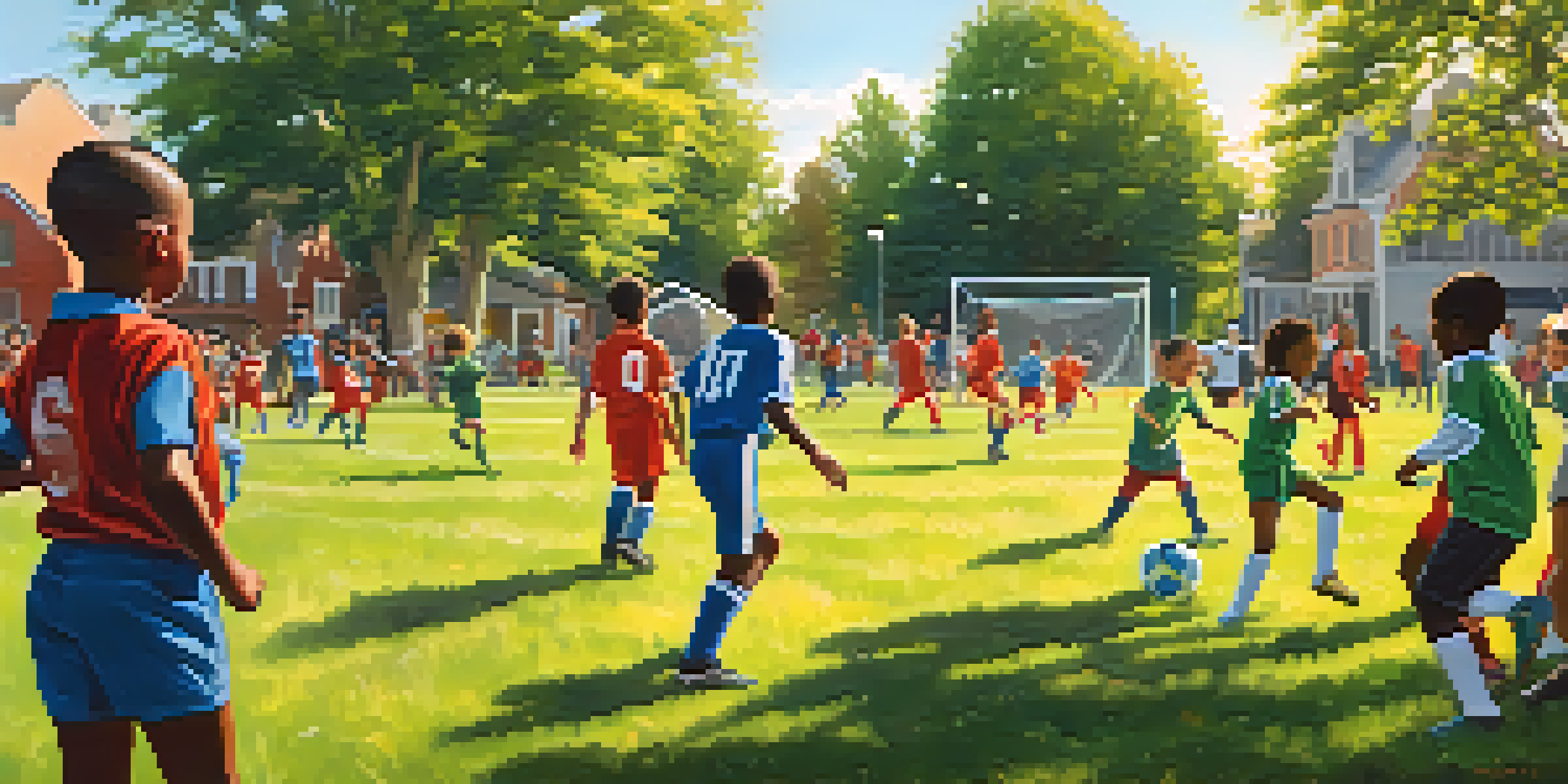 A youth soccer game in a park with children playing energetically, families cheering from the sidelines.