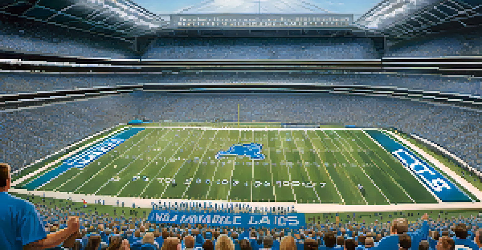 A packed Ford Field during an NFL game, with fans cheering and the Detroit Lions logo visible on the field.