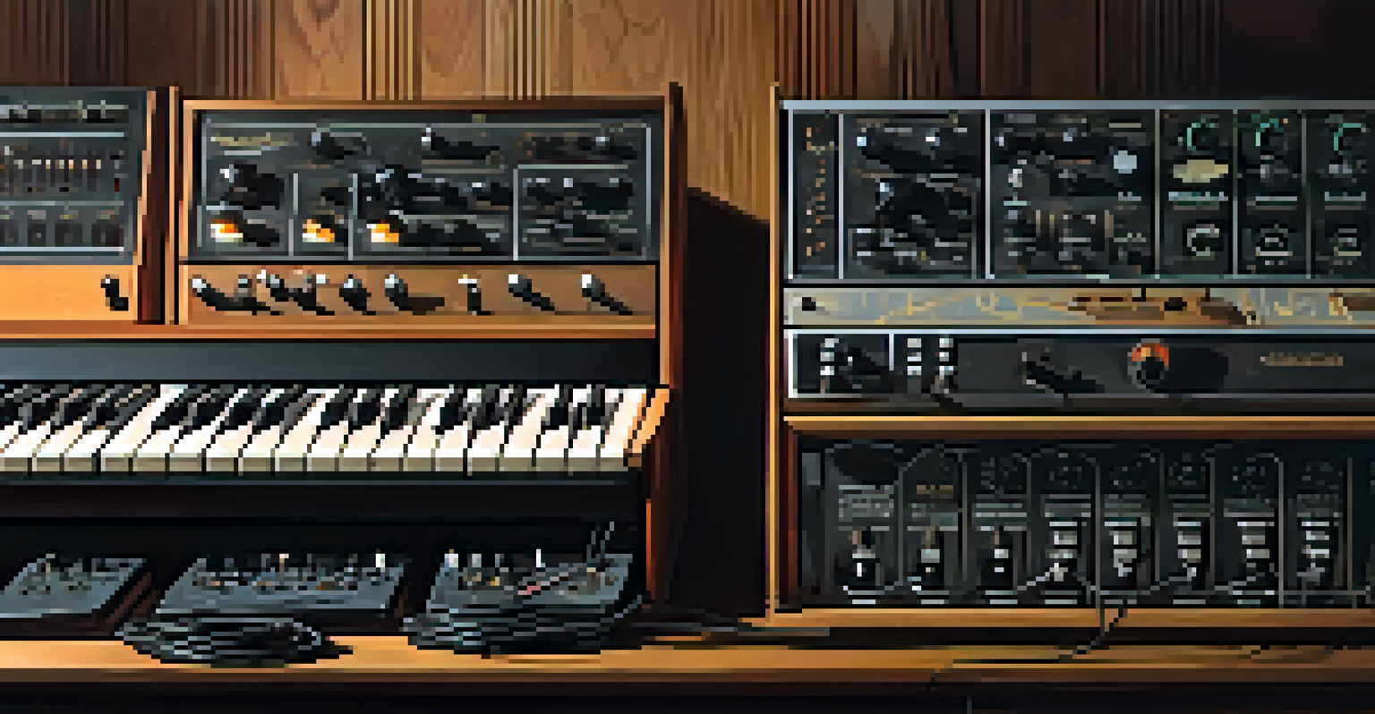 Close-up of vintage synthesizers and drum machines on a wooden table with soft ambient lighting.