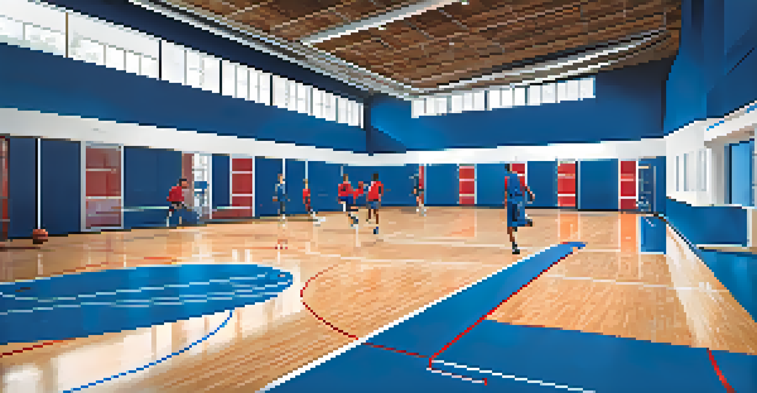 A modern basketball training facility with young players engaged in drills, emphasizing teamwork and skill development.