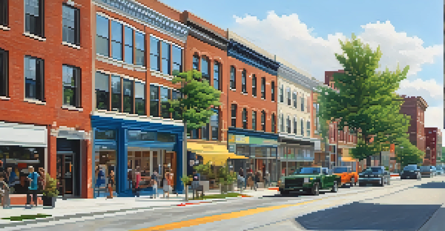 A revitalized Detroit neighborhood with mixed-use buildings, including shops and residential apartments, bustling with activity and greenery.