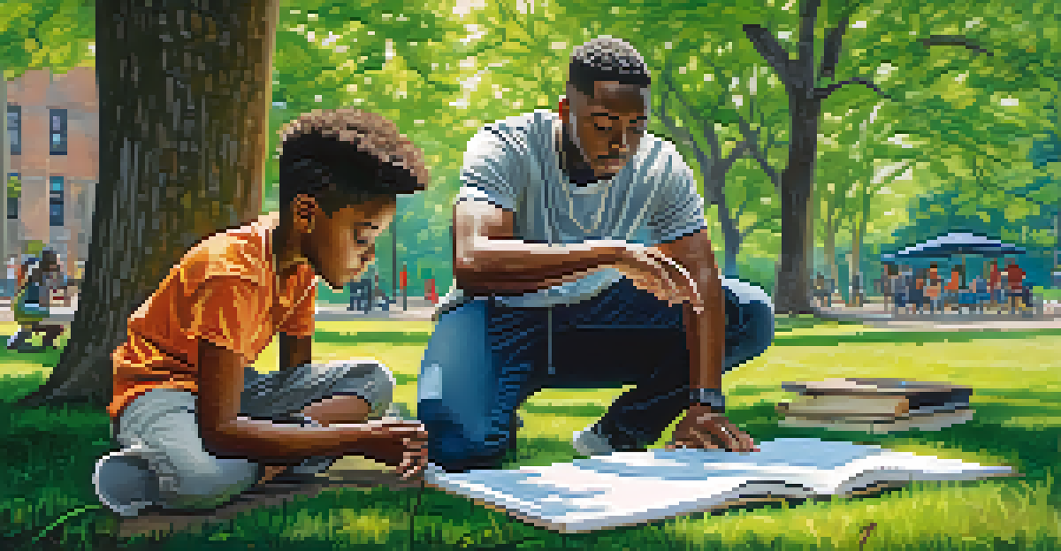 A mentor and a young person in a park discussing goals, with the mentor pointing at a notepad. The setting includes greenery and a cityscape in the background.