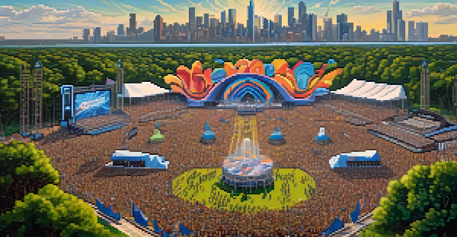 An aerial view of the Movement Electronic Music Festival with a large crowd dancing in front of DJ stages and the Detroit skyline in the background.